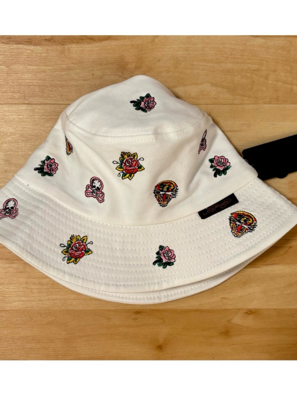 Ed Hardy White Embroidered Tattoo Patched Bucket Hat